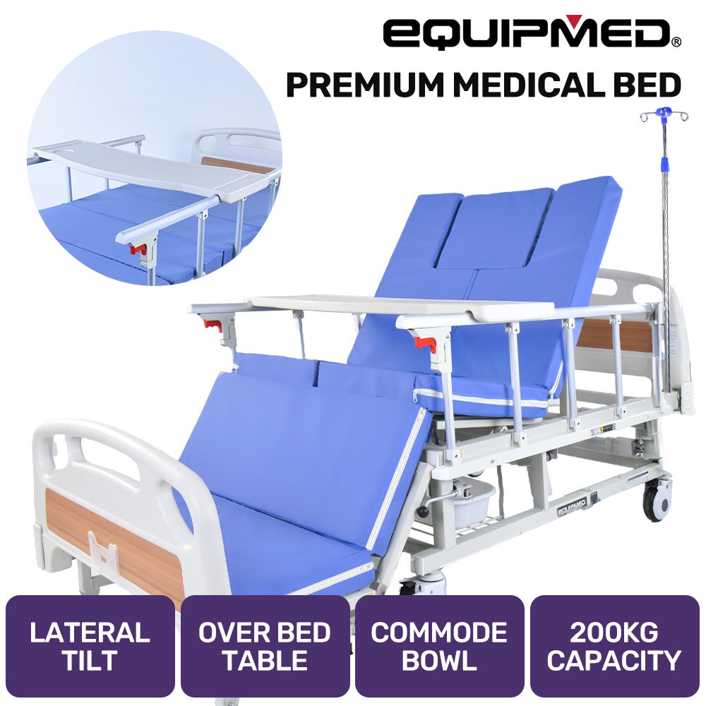 EQUIPMED Medical Bed, w/ Mattress & Over Bed Table, Back and Leg Lifting, Lateral Tilting, Commode Bowl, IV Pole, Home Aged Care or ICU Hospital