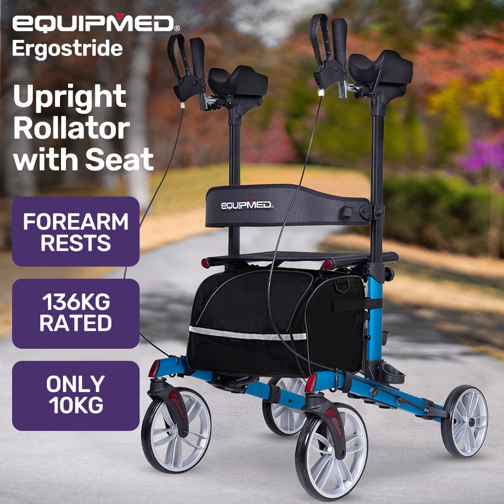 EQUIPMED Upright Rollator Walker with Forearm Support Rests, Mobilty Aid with Seat, Blue