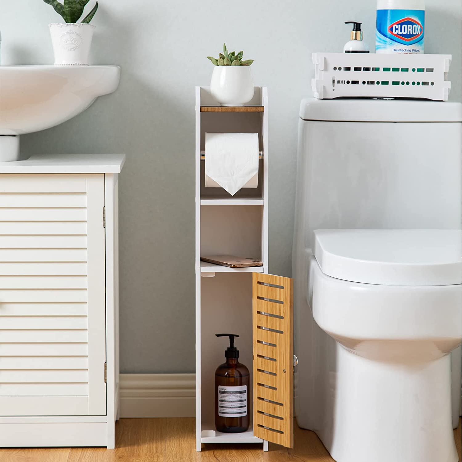 Carla Home Vikus 76cm Slim Toilet Paper Roll Holder and Storage Cabinet - White Bamboo