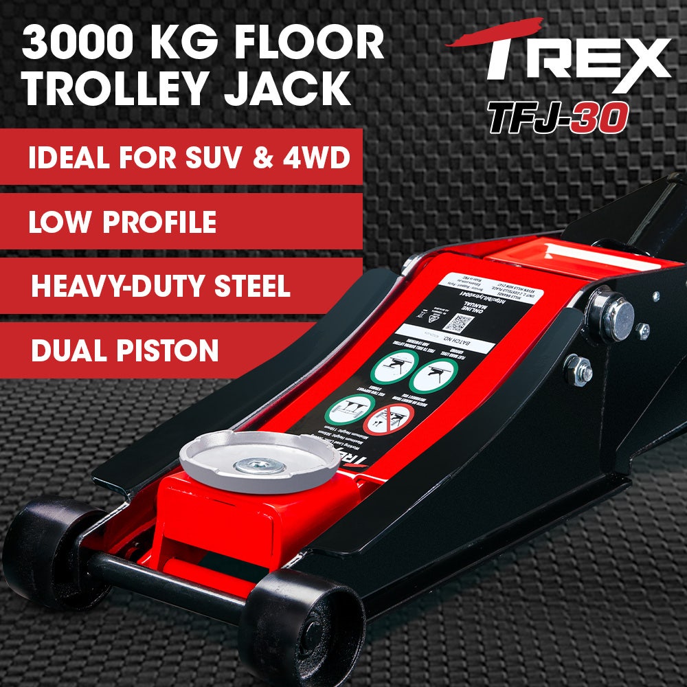 T-REX 3000KG Hydraulic Trolley Floor Jack, High Lift, Dual Pump, Quick Release Handle