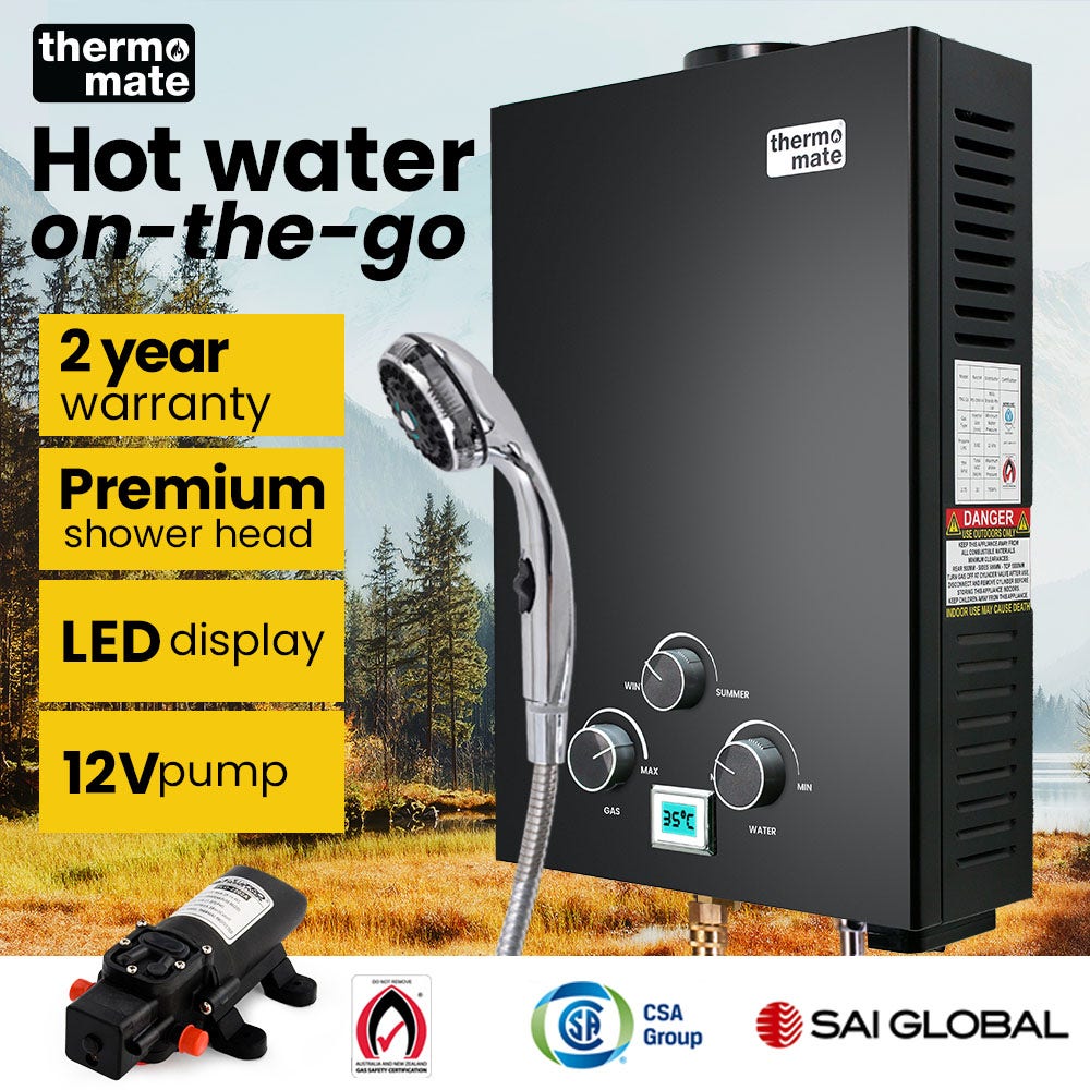 THERMOMATE Portable Gas Outdoor Camping Hot Water Heater System, with 12V Pump, Shower Head, Black