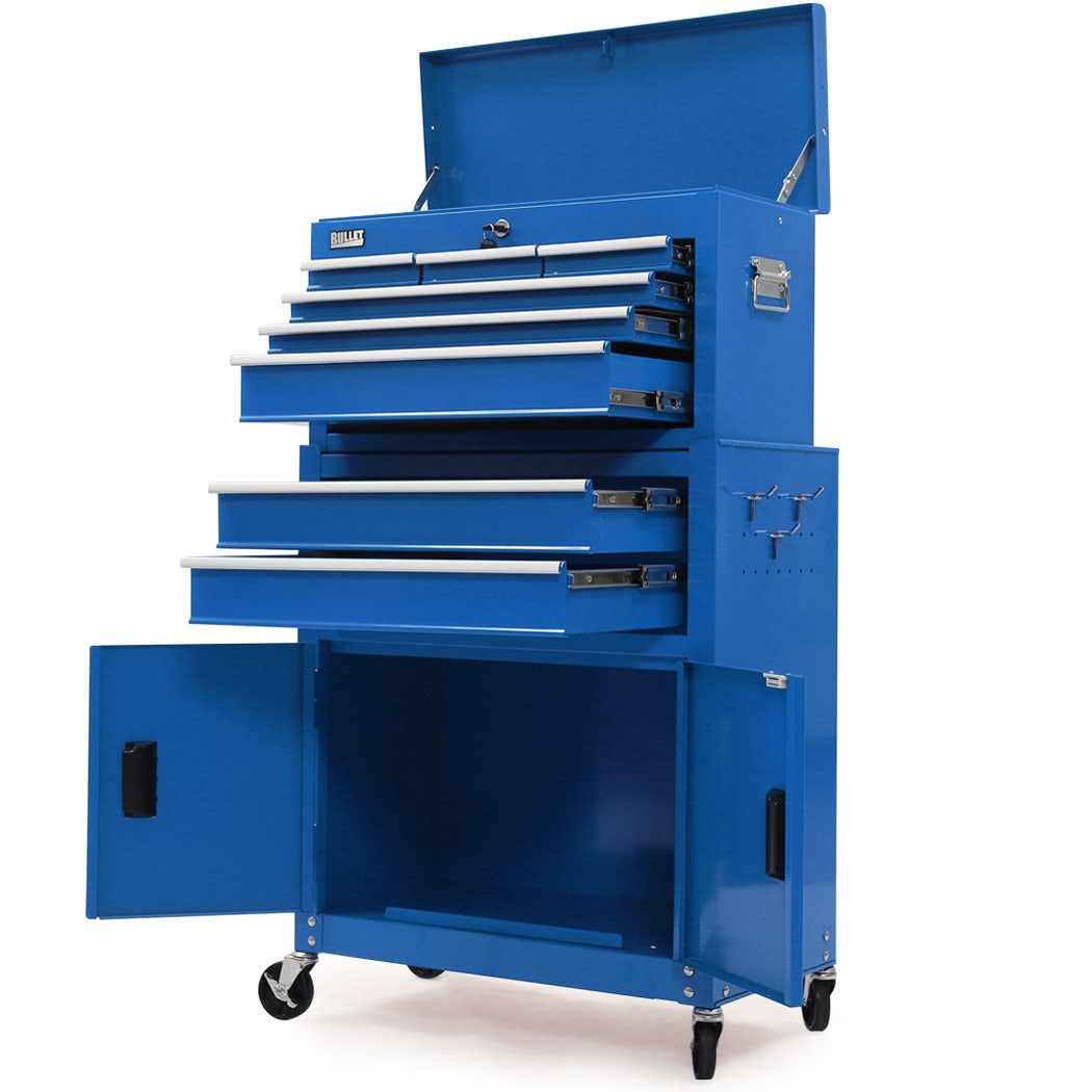 BULLET Pro 8 Drawer Tool Box Chest Cabinet Storage, with 2-Door Toolbox Garage Organiser Set, Blue