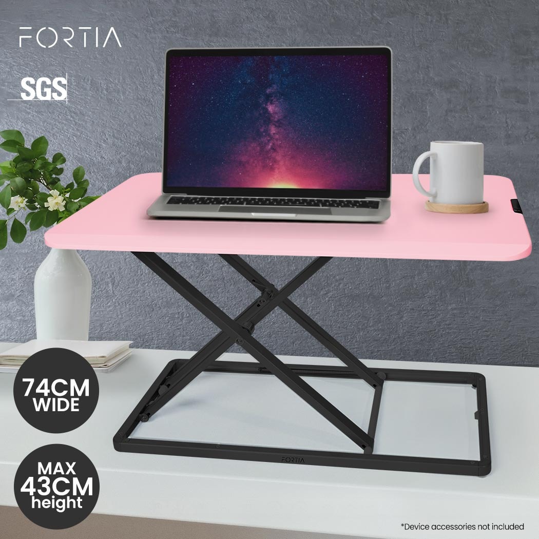 FORTIA Desk Riser 74cm Wide Adjustable Sit to Stand for Dual Monitor, Keyboard, Laptop, Pink