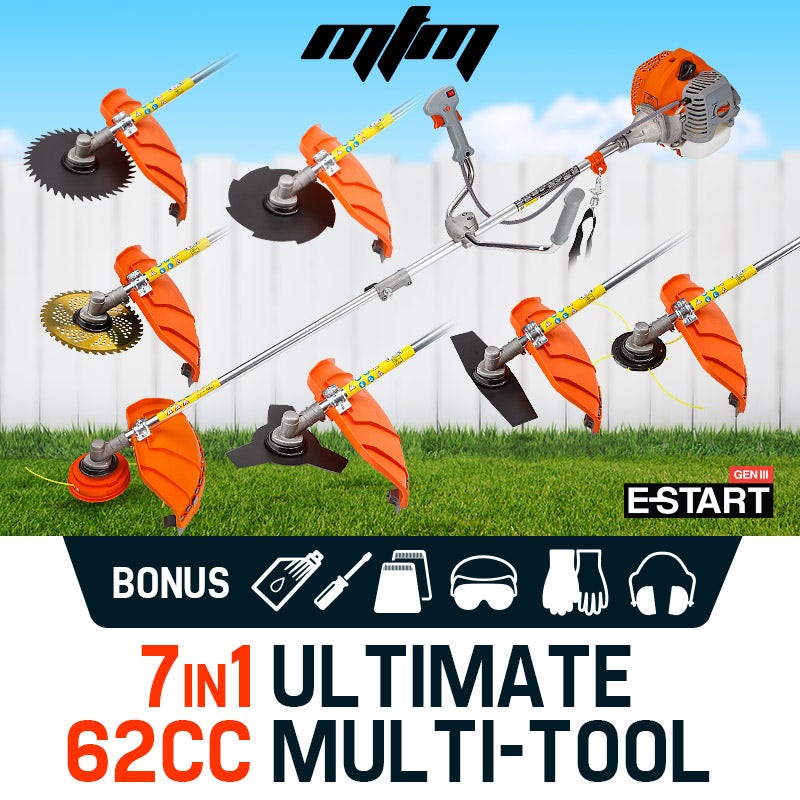 MTM 62cc 7in1 Brush Cutter Garden Multi-Tool , Pole Hedge & Line Trimmer, Bullhorn Handle, 12" Tree Trimming Pruning