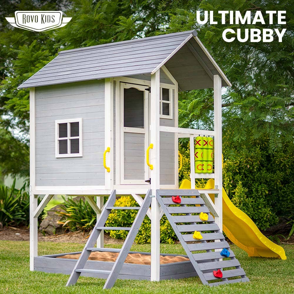 ROVO KIDS Wooden Tower Cubby House with Slide, Sandpit, Climbing Wall, Noughts & Crosses