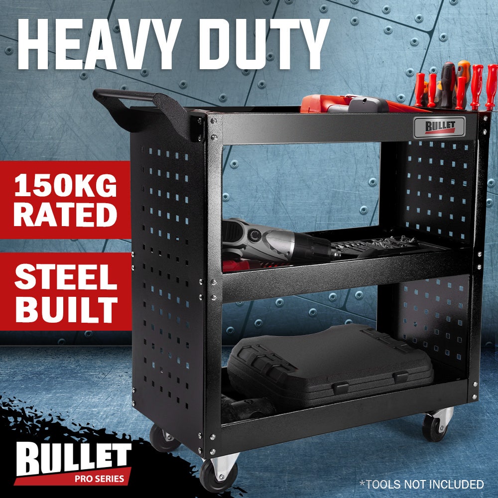 BULLET 3-Tier Steel Tool Trolley Cart, for Workshop, Mechanic, with Pegboard, Screwdriver Bay, Black