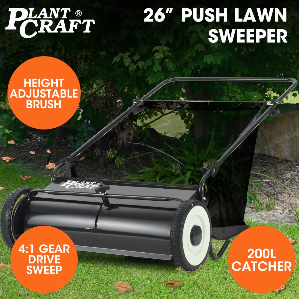 PLANTCRAFT Push Lawn Sweeper, 26" Wide Leaf and Grass Clipping Collector