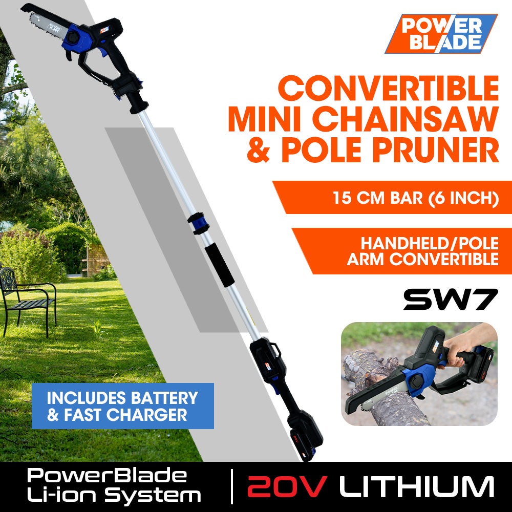 POWERBLADE SW7 20V Cordless Convertible Mini Chainsaw Pole Saw Kit Telescopic Electric Tree Pruner with Lithium Battery & Fast Charger