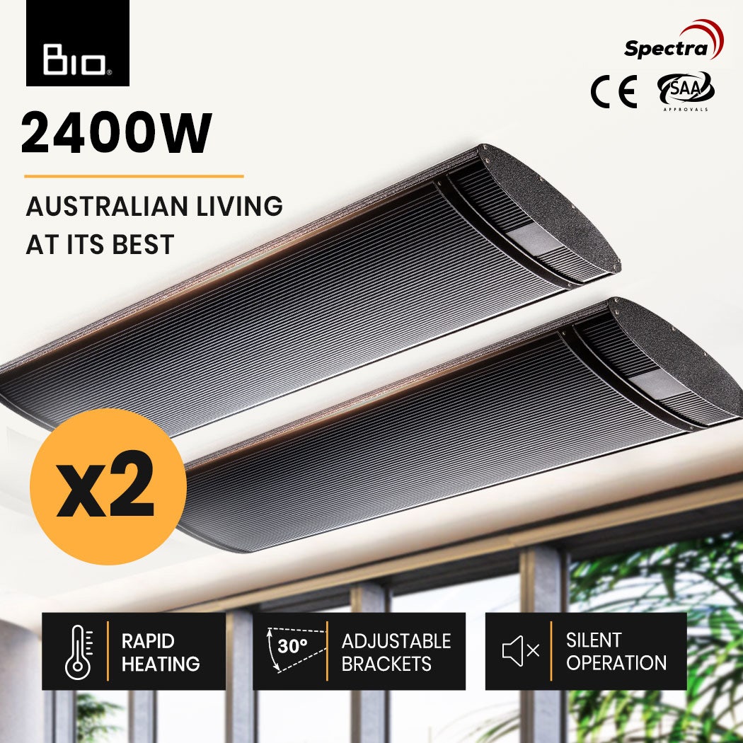 2 x BIO 2400W Outdoor Strip Heater, Electric Radiant Slimline Heat Bar Panel, 10A Plug