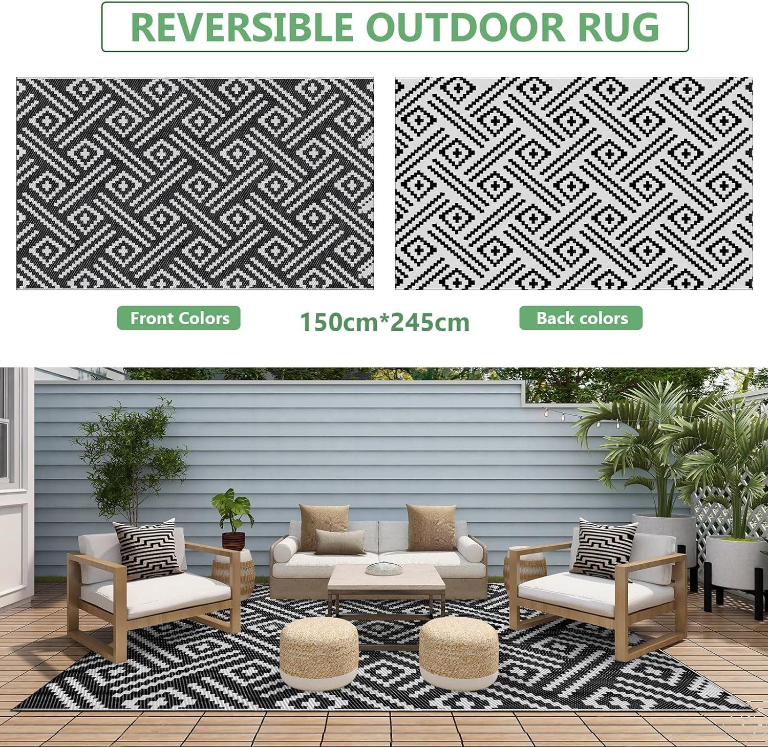 Carla Home Vikus 245 x 150cm Reversible Waterproof Extra Large Outdoor Rug - Black & White