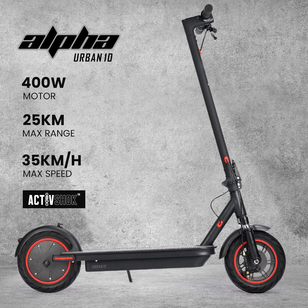 ALPHA Urban 10 Electric Scooter, 35km/h, Suspension, 35km Range, 10-Inch Wheels, Brushless Motor, Free APP, Motorised Commuter eScooter for Adults, Black
