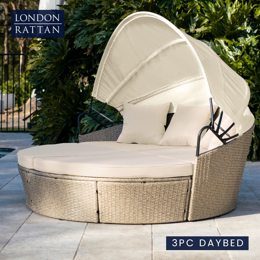 LONDON RATTAN 3pc Day Bed Round Lounge Outdoor Furniture, Beige Wicker and Canopy