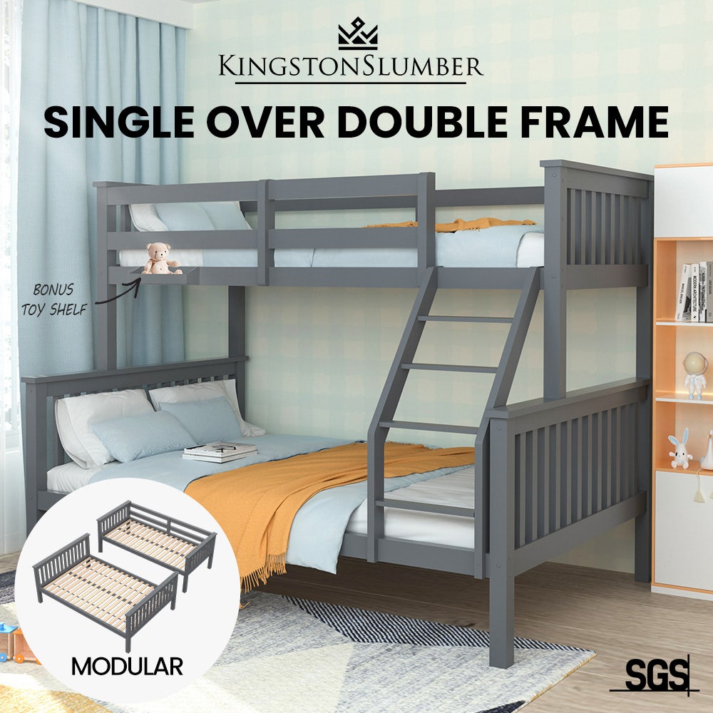 KINGSTON SLUMBER Bunk Bed Triple Wooden Single Over Double Beds for Kids, Solid Pine Wood, Convertible Design, Grey