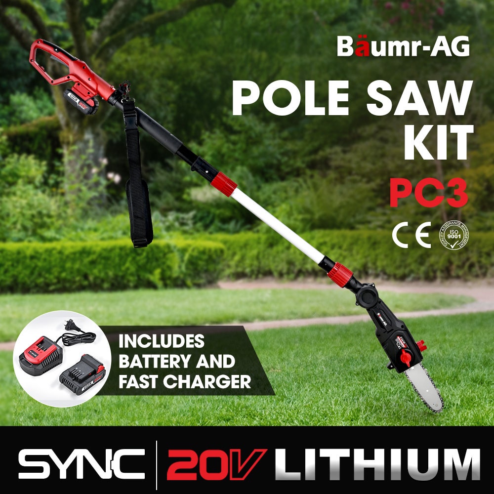 BAUMR-AG PC3 20V SYNC Cordless Pole Saw Kit, 8 inch Chainsaw Pruner, Telescopic Handle, with Battery and Charger Kit