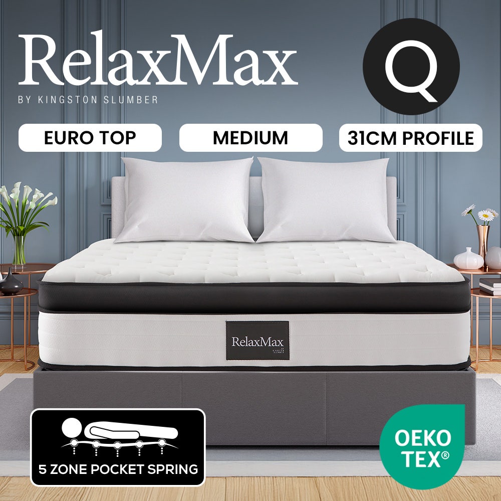 KINGSTON SLUMBER RelaxMax 31cm Queen Mattress, Medium, Euro Top, 5-Zone, Pocket Spring, Knitted Fabric