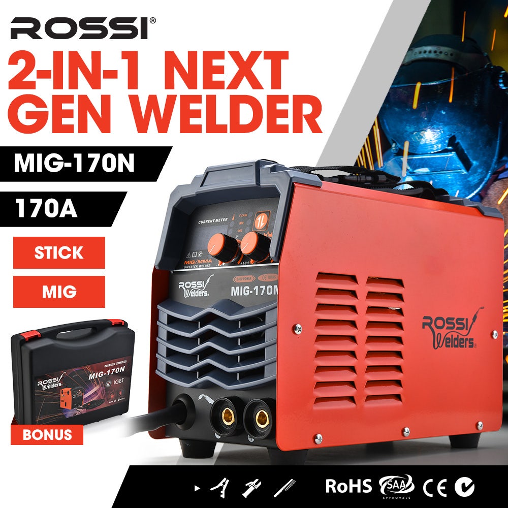 ROSSI 170Amp MIG ARC Stick Welder, with Carry Case & Accessories, 15A Plug