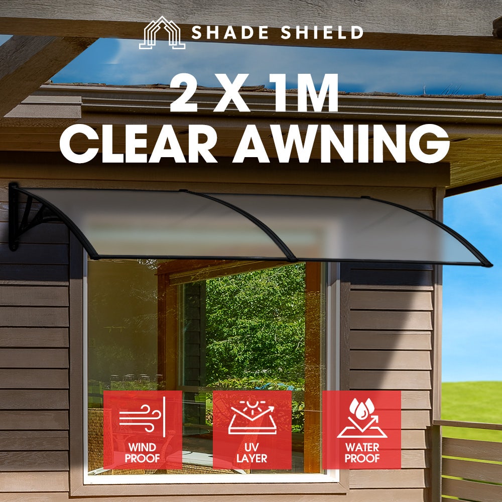 SHADE SHIELD 2x1m Exterior Awning, Black DIY External UV Rain Protection Clear Polycarbonate Canopy Cover