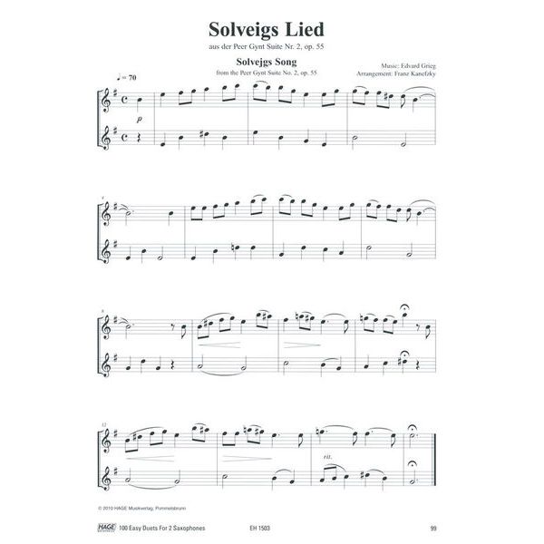 Hage Musikverlag 100 Leichte Duette Saxophon