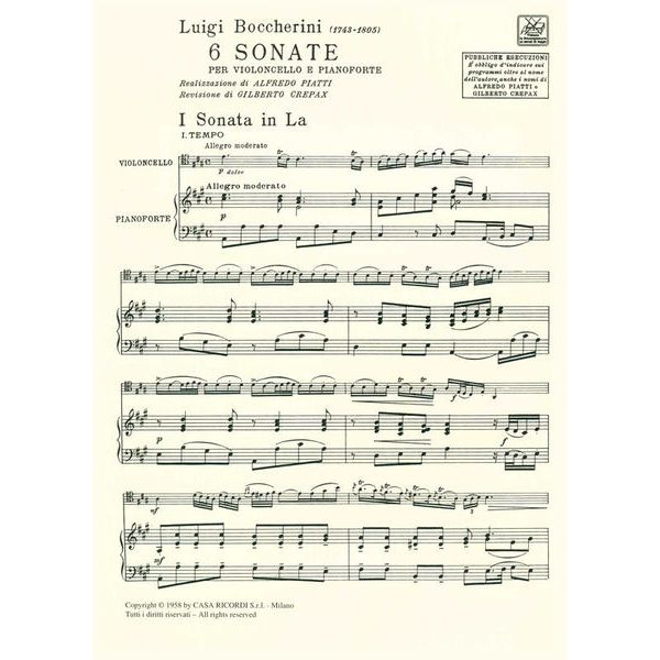 Ricordi Boccherini 6 Sonaten Cello