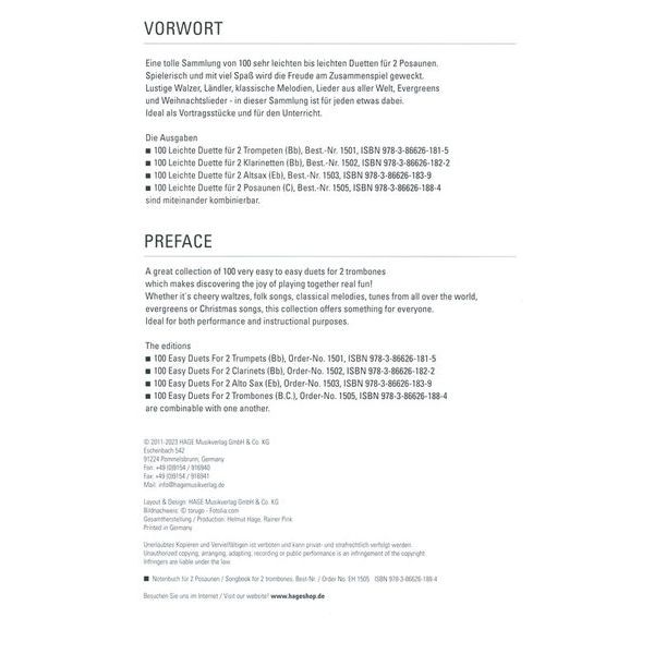 Hage Musikverlag 100 Leichte Duette Posaune