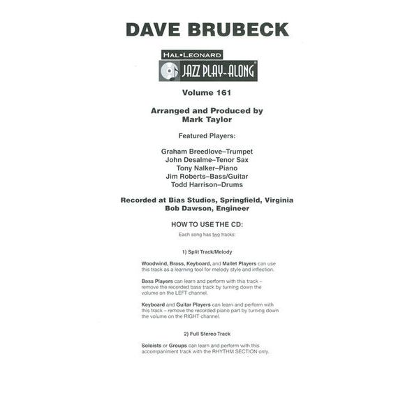 Hal Leonard Jazz Play-Along Dave Brubeck