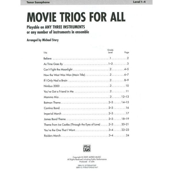 Alfred Music Publishing Movie Trios For All Tenor Sax