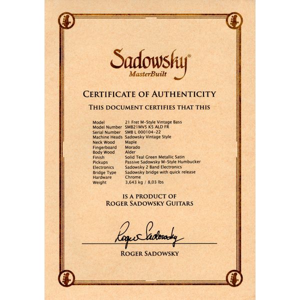 Sadowsky MasterBuilt Solid Teal Green