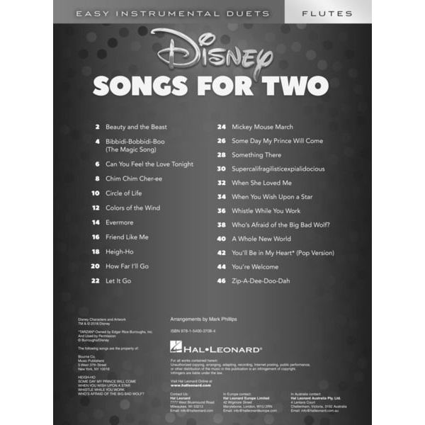 Hal Leonard Disney Songs For Two Flute