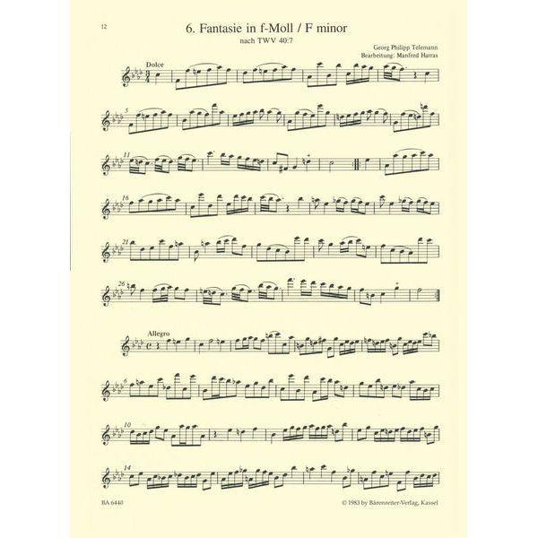 Brenreiter Telemann 12 Fantasien Recorder