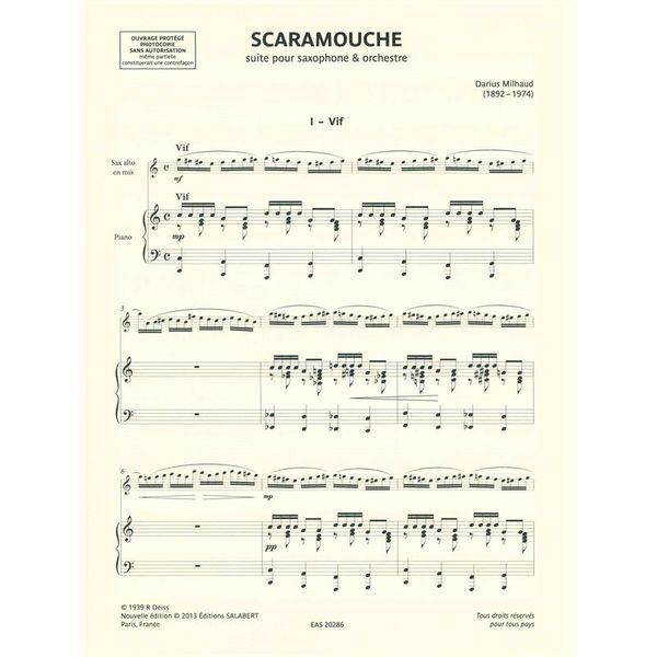 Editions Salabert Milhaud Scaramouche A-Sax
