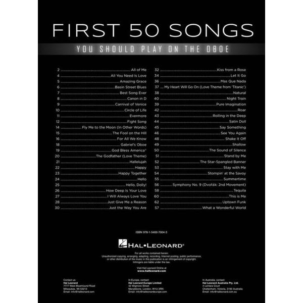 Hal Leonard First 50 Songs Oboe