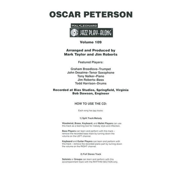 Hal Leonard Jazz-Play-Along Oscar Peterson