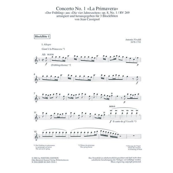 Heinrichshofen Verlag Vivaldi Frühling 3 Blockflöten