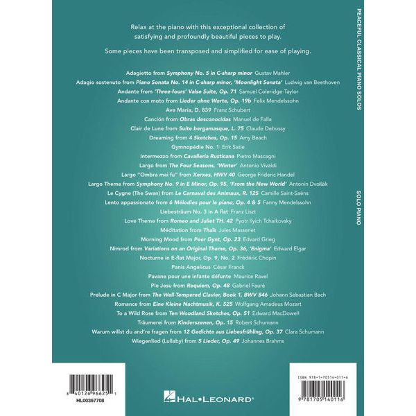 Hal Leonard Peaceful Classic Piano Solos