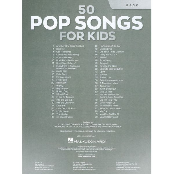 Hal Leonard 50 Pop Songs for Kids Oboe
