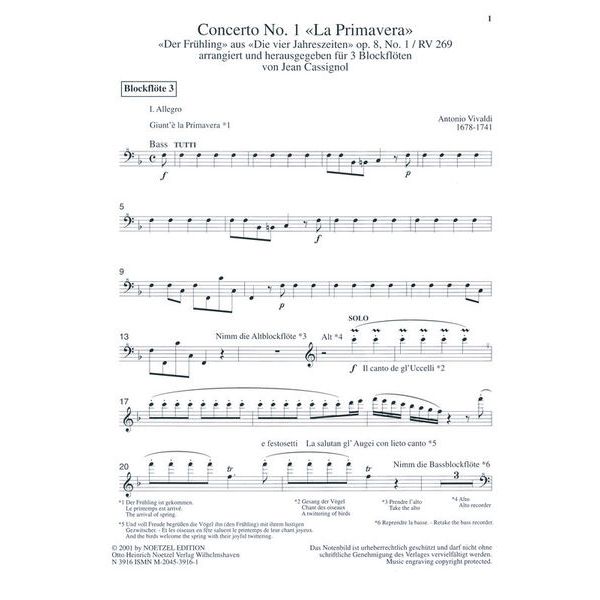 Heinrichshofen Verlag Vivaldi Frühling 3 Blockflöten