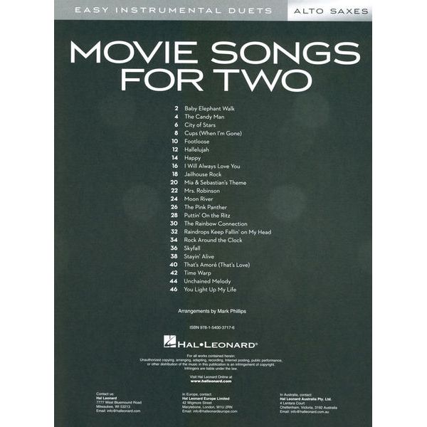 Hal Leonard Movie Songs For Two Saxophones
