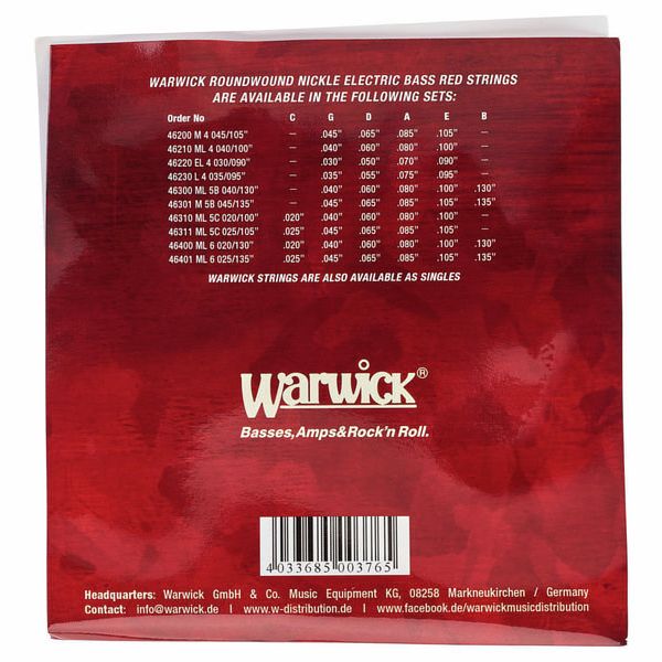 Warwick 46400 ML 6 Red Strings Nickel
