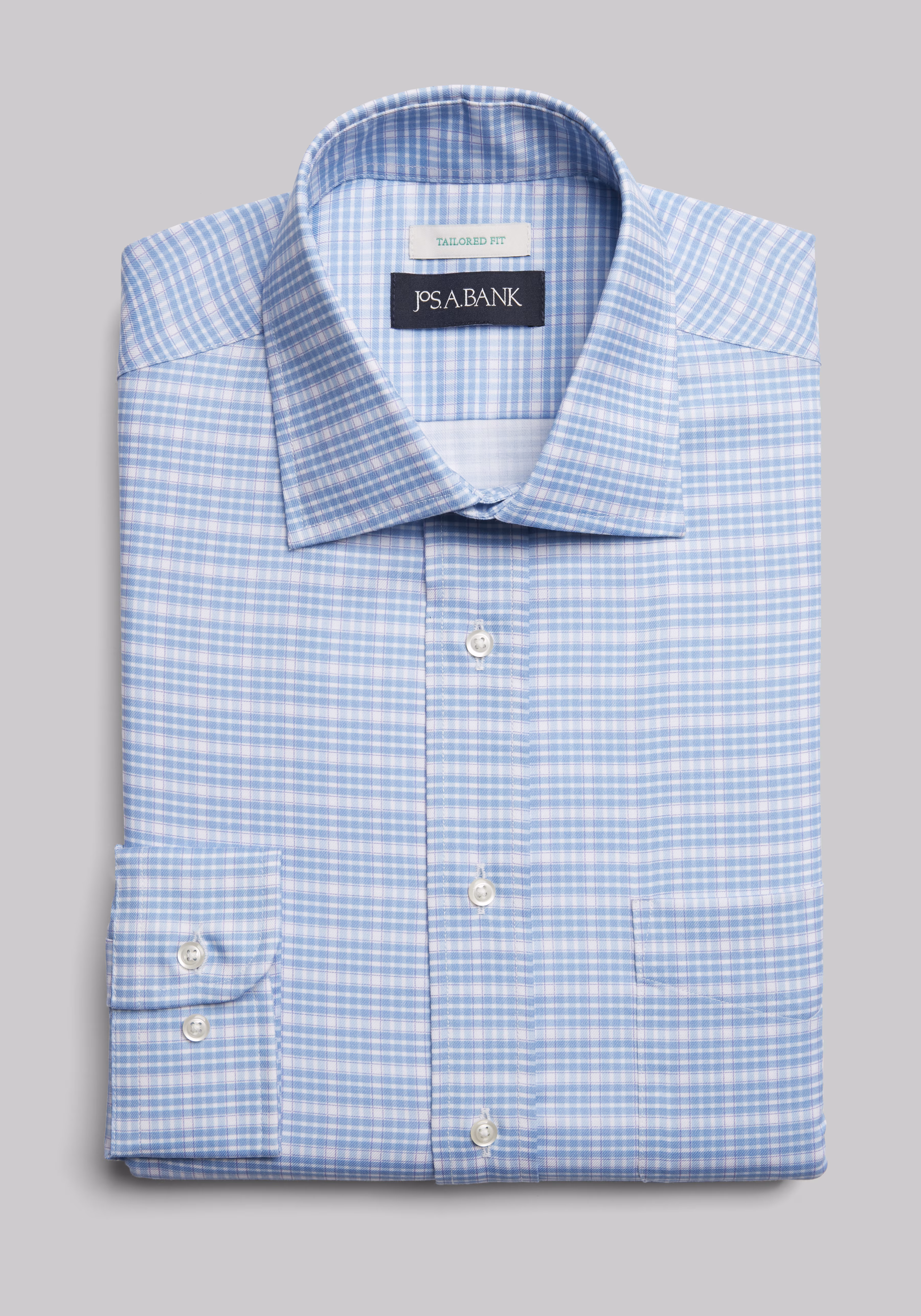 Jos. A. Bank Tailored Fit Spread Collar Large Plaid Print Dress Shirt