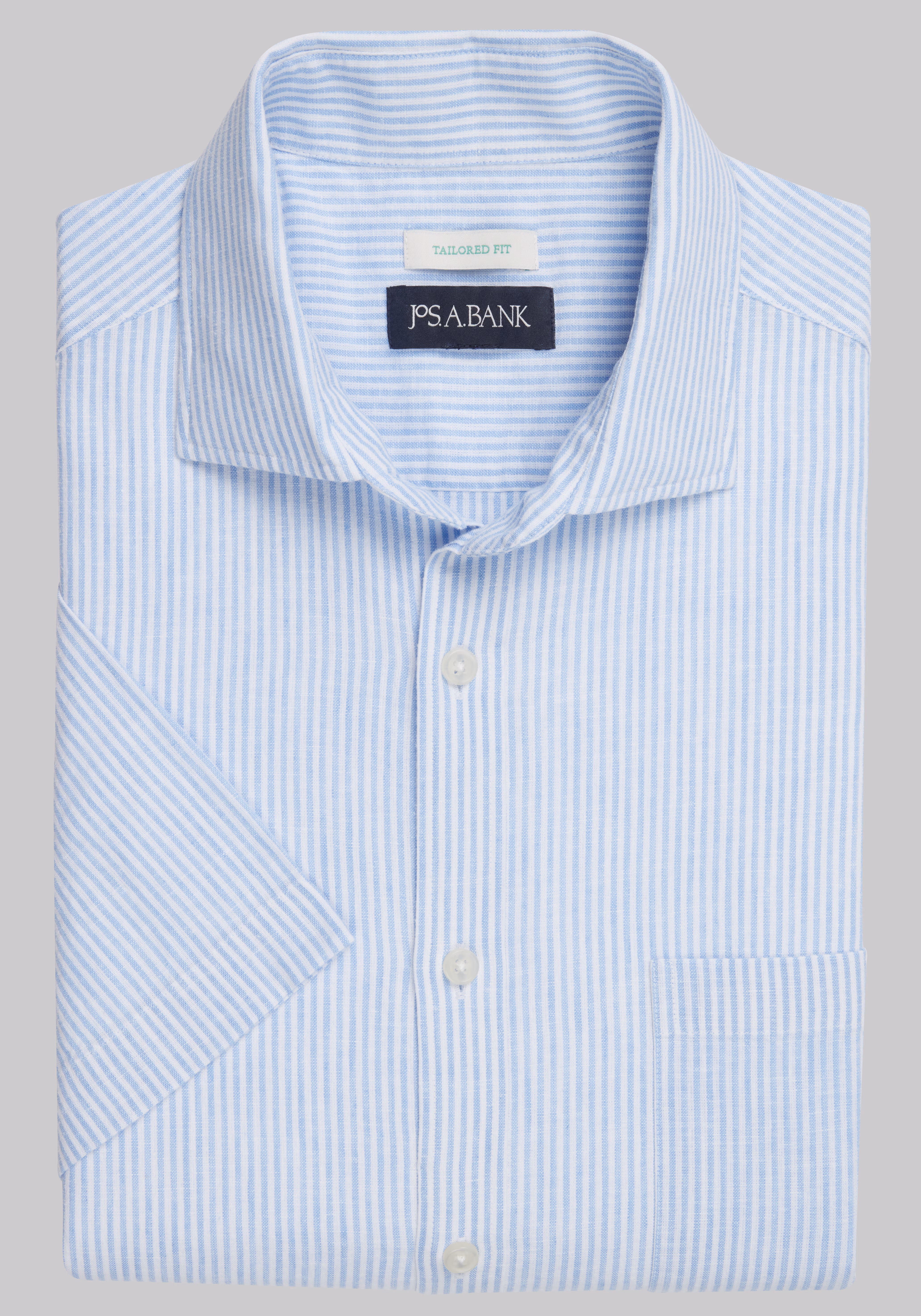 Jos. A. Bank Tailored Fit Stripe Linen Blend Short-Sleeve Sportshirt - Big & Tall
