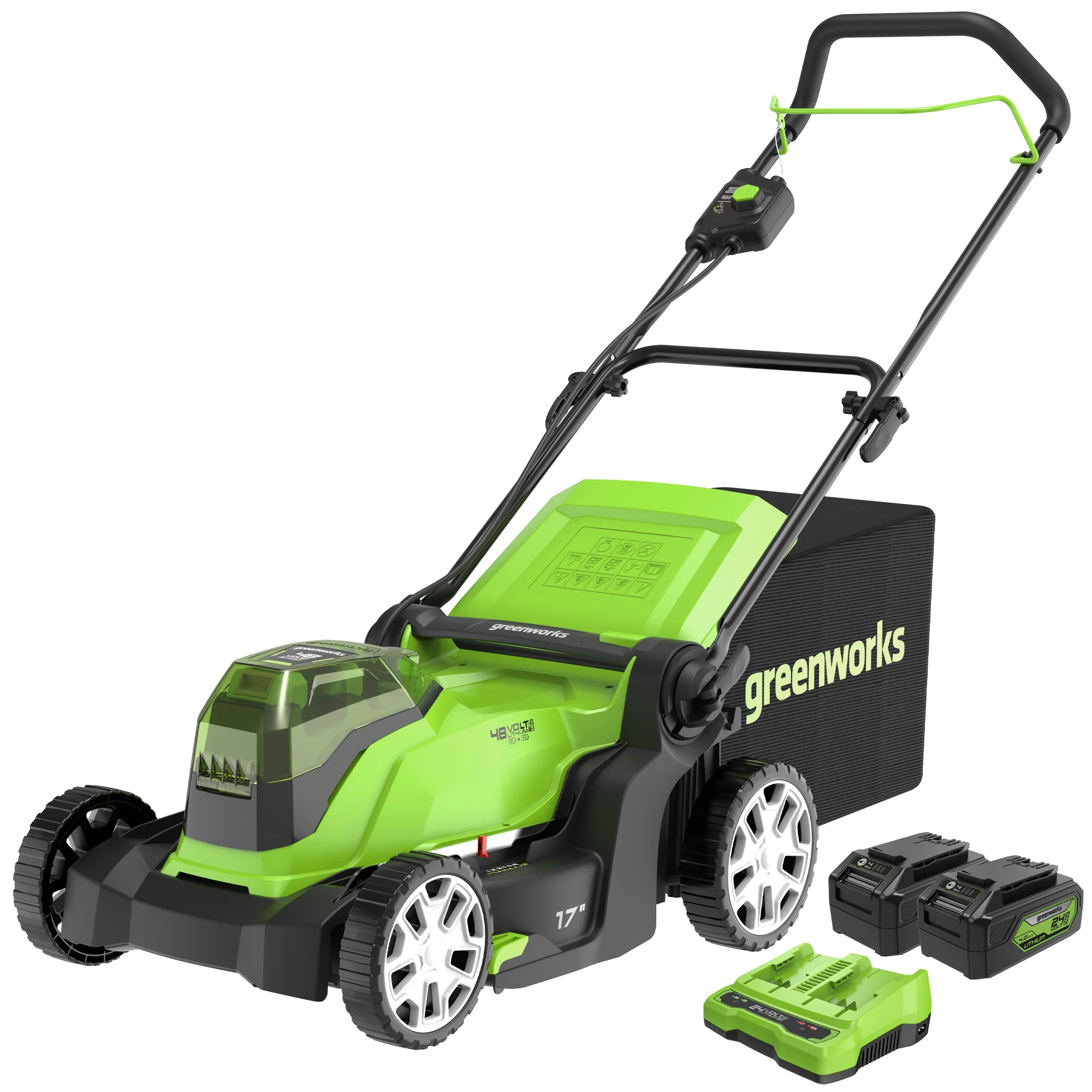 48V (2x24V) 17 Cordless Battery Push Lawn Mower w/ Two (2) 4.0Ah USB Batteries & Dual Port Charger