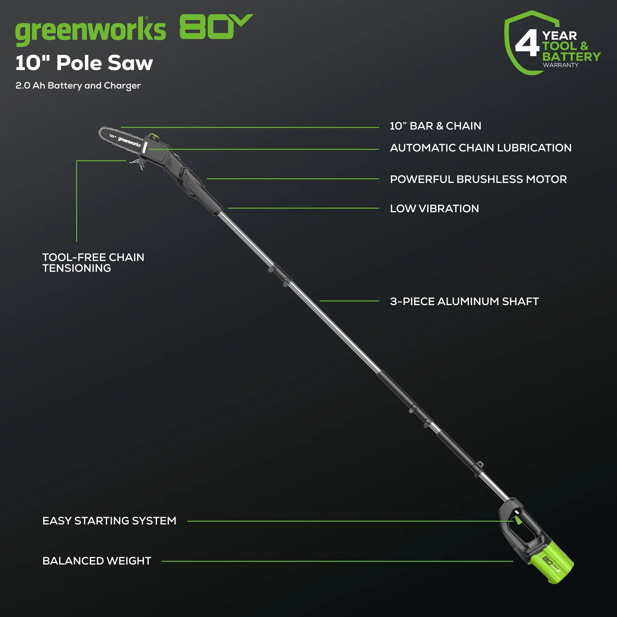 80V Cordless 10 Brushless Pole Saw w/ 2.0Ah Battery & Rapid Charger