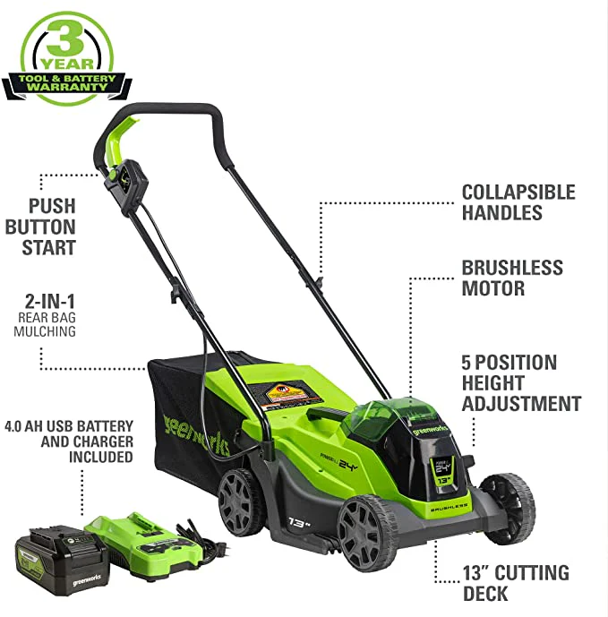 24V 13 Cordless Battery BL Push Lawn Mower w/ 4.0Ah Battery & Charger