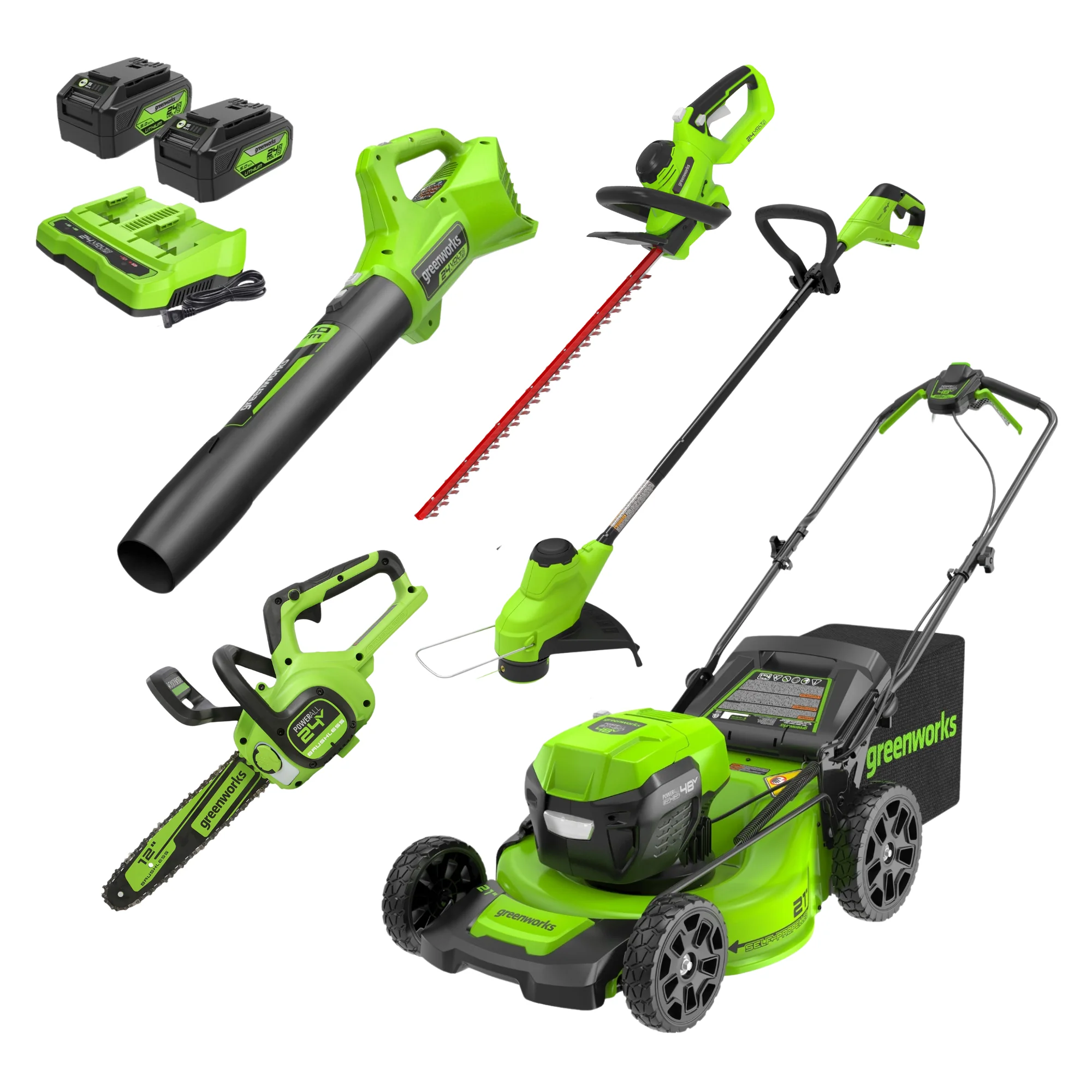 48V (2x24V) 21 Cordless Battery Self-Propelled Mower 5PC Combo Kit w/ (2) 5.0Ah Batteries & Chargers