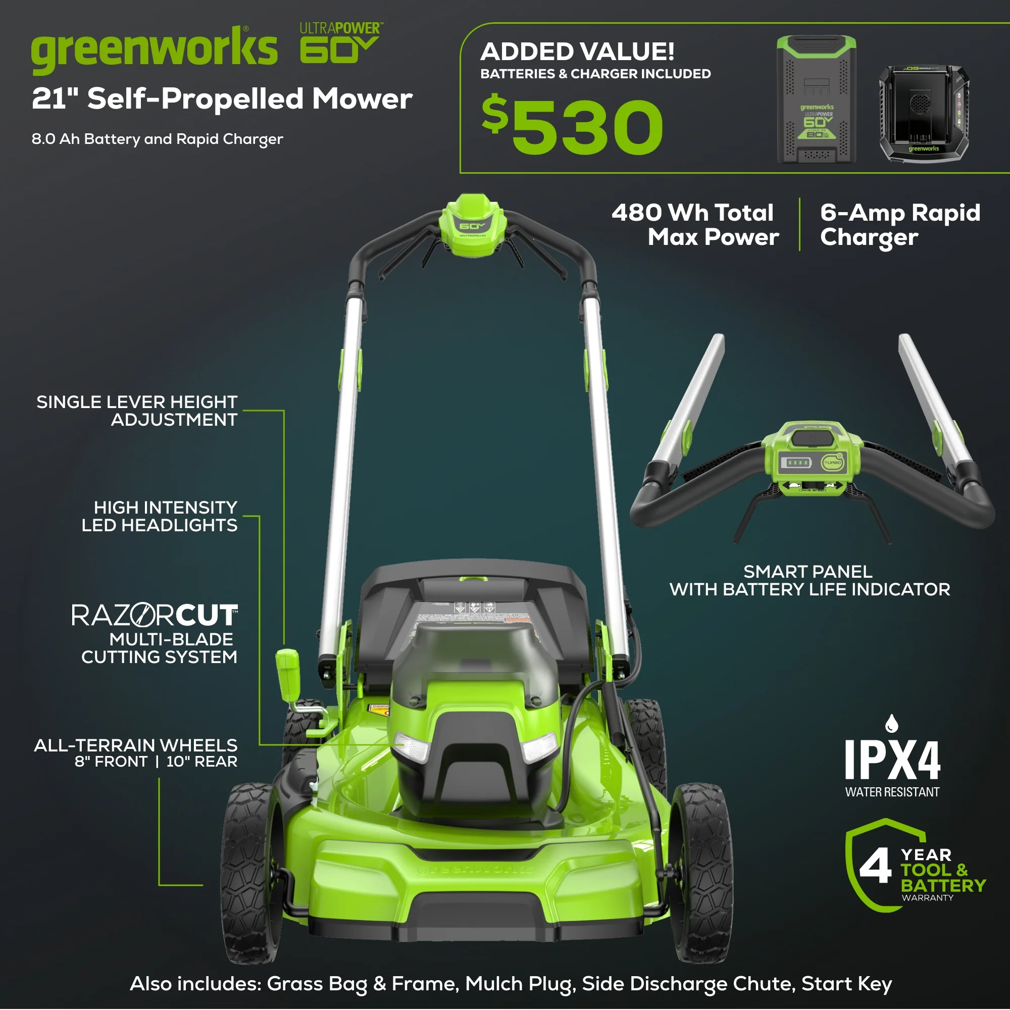 60V 21 Cordless Battery Dual Blade Self-Propelled Mower w/ (1) 8Ah battery and 6A Charger