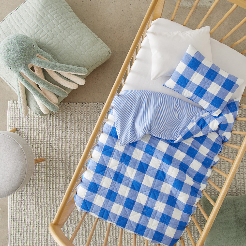 Mickey Gingham Cobalt Quilted Cot Quilt Cover Set