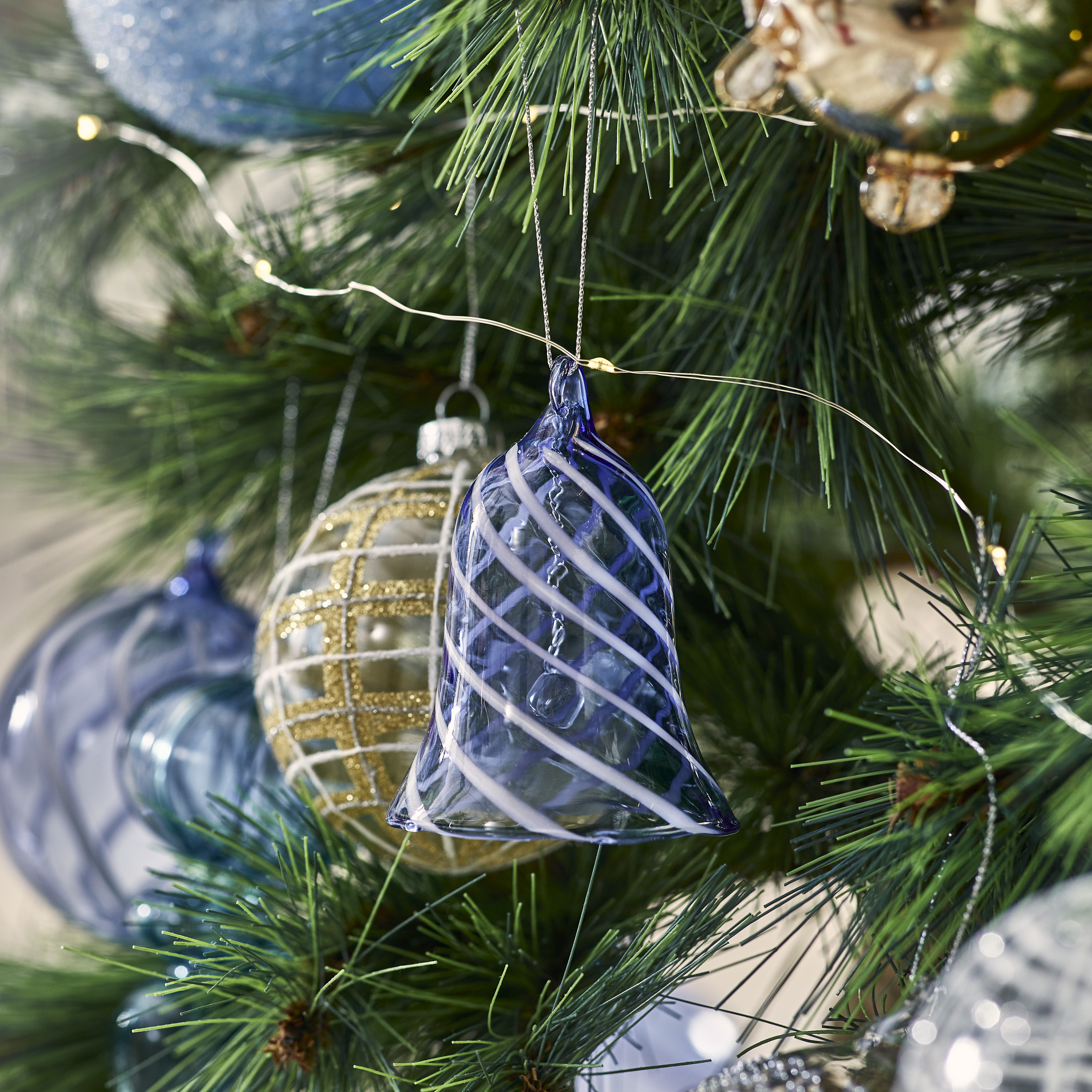 Luxe Swirl Blue & White Glass Bell Ornament