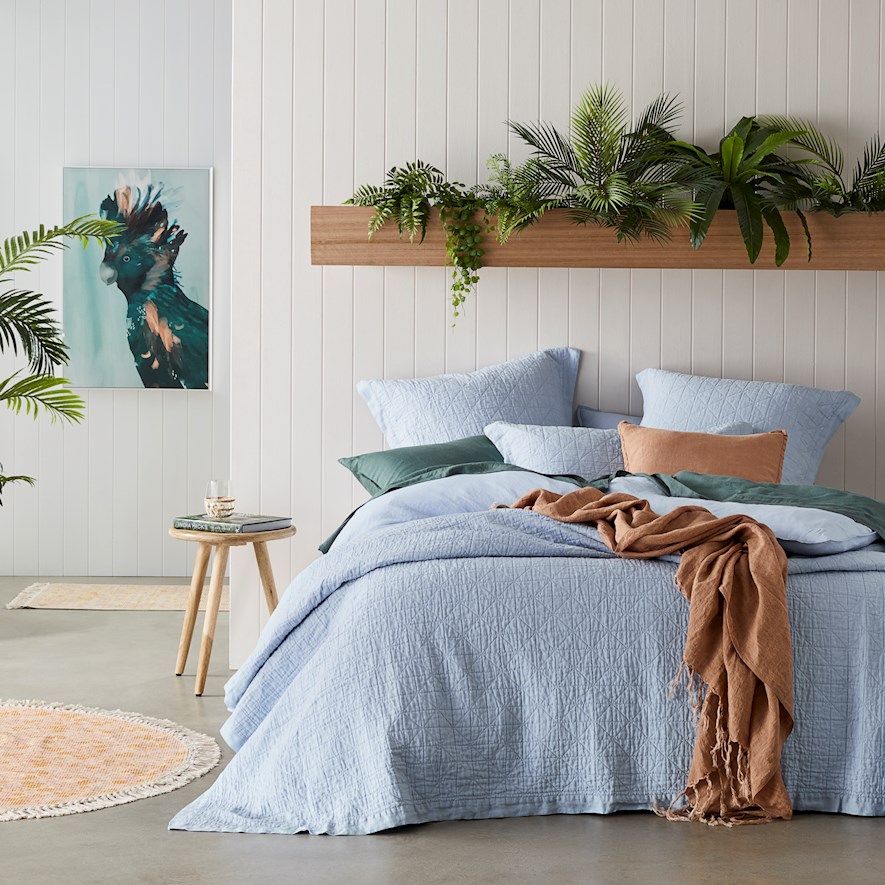 Vintage Washed Linen Dusty Blue Quilted Coverlet Separates