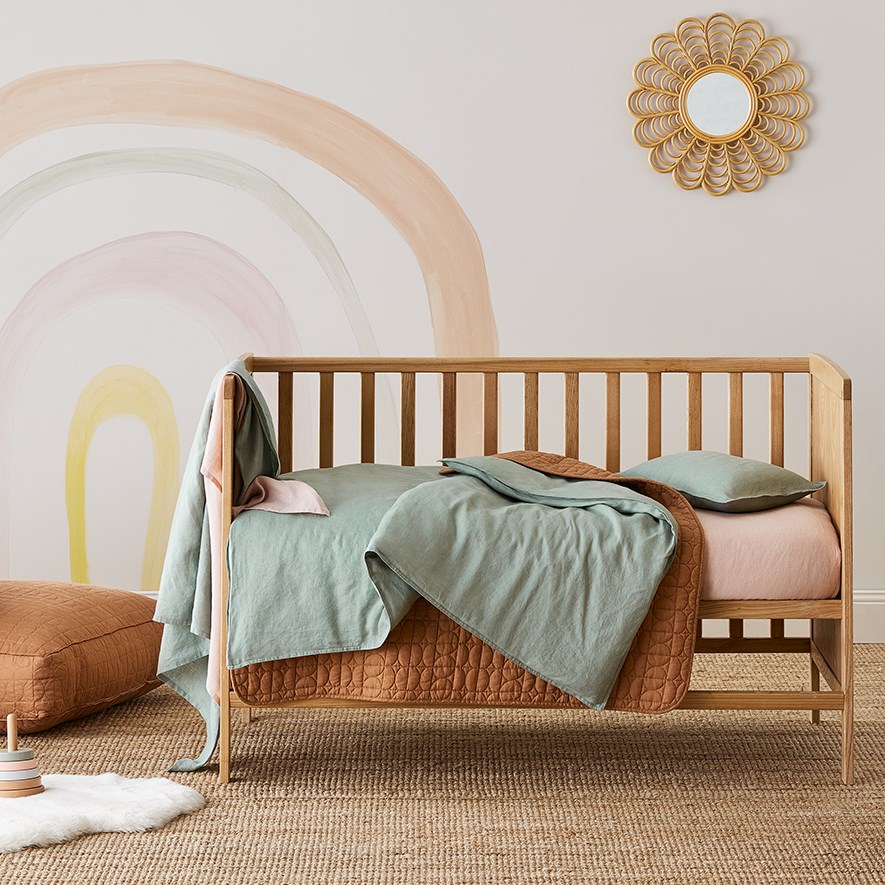 Vintage Washed Linen Eucalyptus Cot Quilt Cover Set