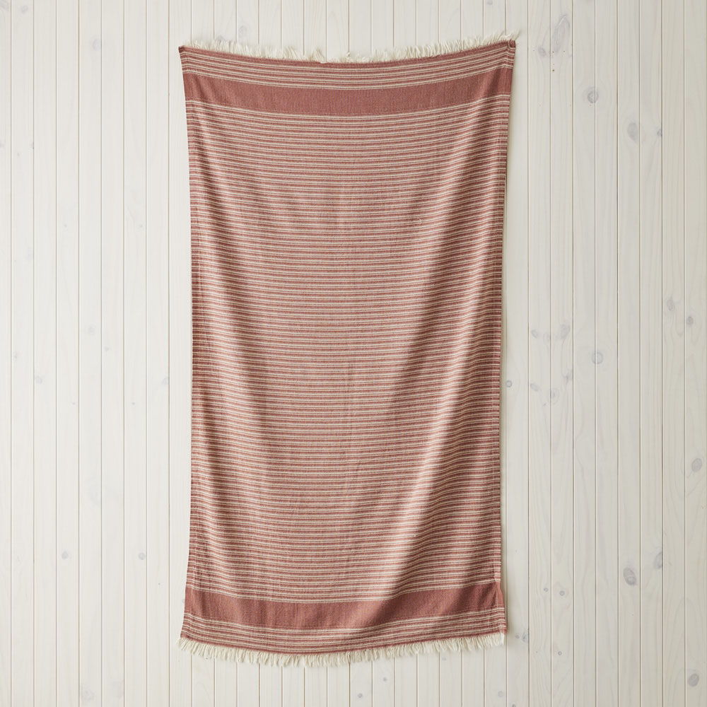 European Dusky Red & Natural Stripe Turkish Peshtemal Beach Towel